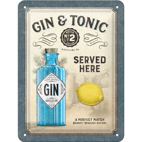 Plaque Métal Rétro Gin Tonic Served Here - Décoration Bar Vintage 20x30 Cm